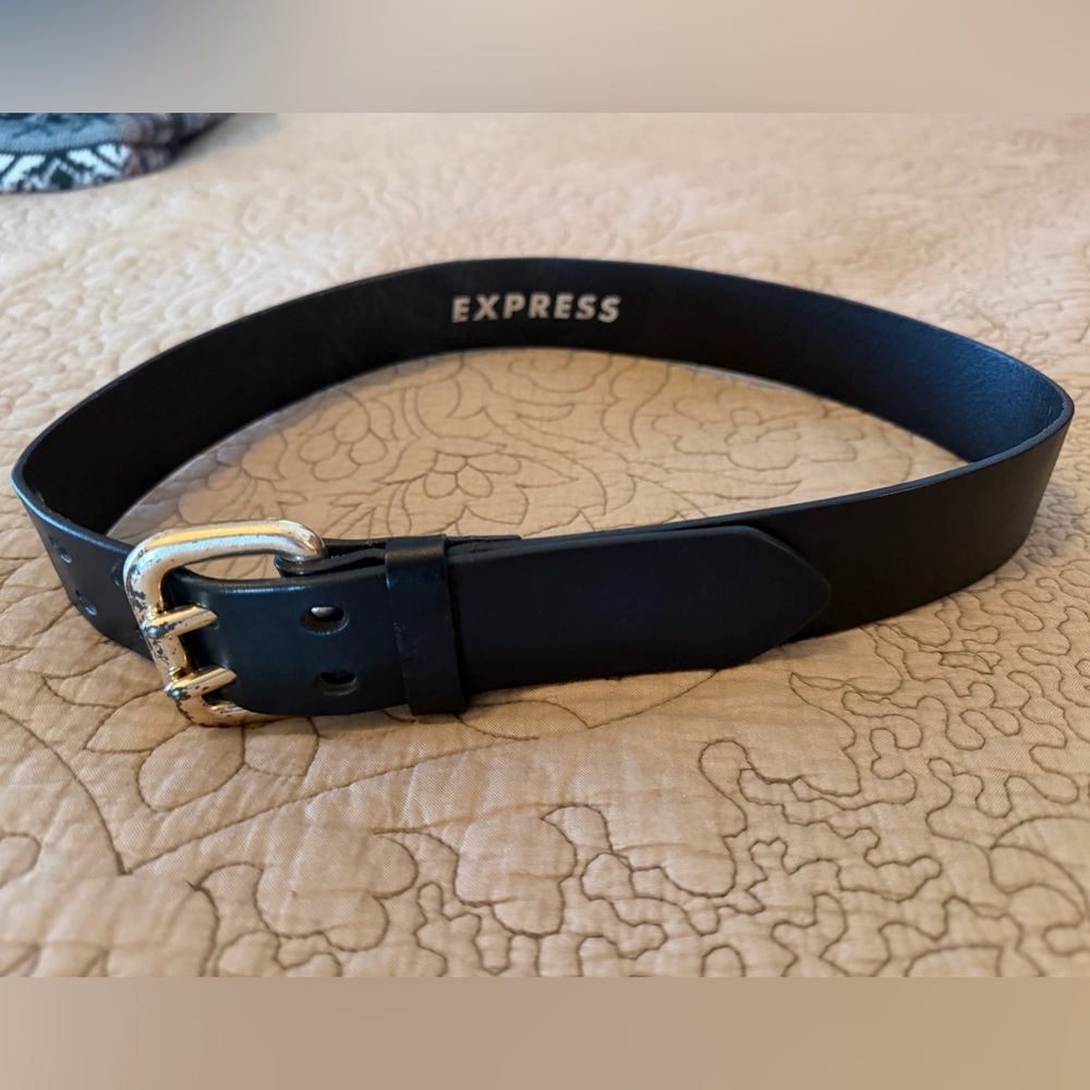 Express Black Leather Belt with Distressed Gold Buckle, Size S - Picture 4 of 9
